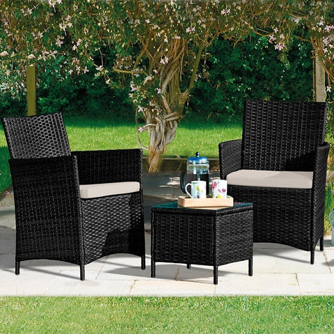 Siena - 3 Piece Rattan Bistro Garden Furniture Set with Glass Top Coffee Table